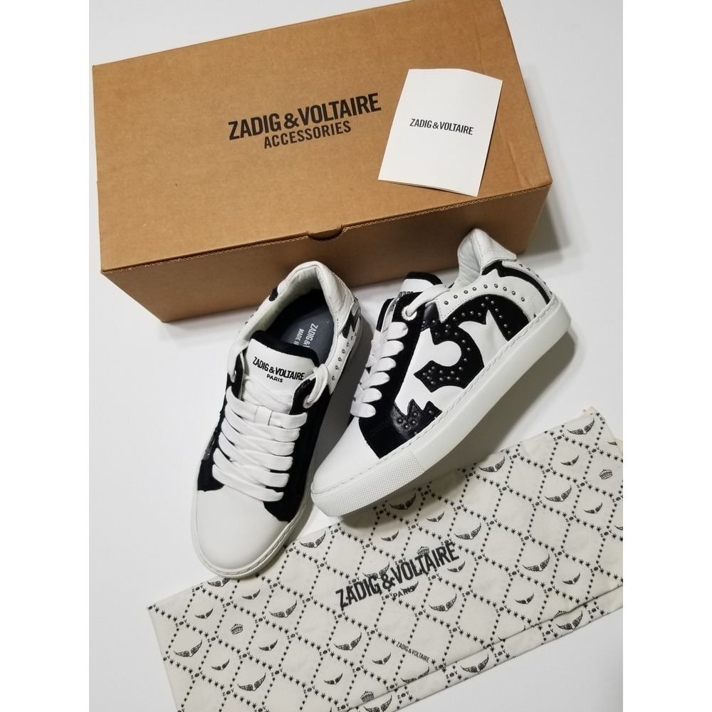 Zadig & Voltaire ZV1747 Nash Black White Leather Stud Sneakers NIB EU 36 US 6